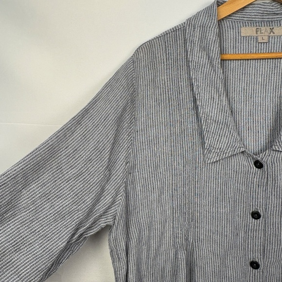 Flax Women V-Neck Collared ButtonDown Linen Top Sz L Blue Lagenlook Coast Beach - Picture 2 of 13